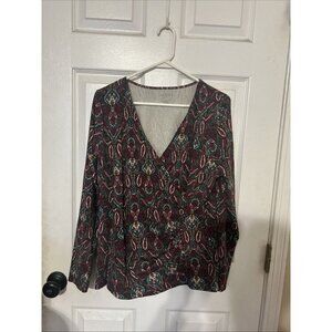 Talbots Green Red Paisley Floral VNeck Side Ruched Long Sleeve Cotton Top Lge